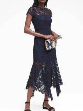 Banana Republic navy blue lace handkerchief hem midi dress